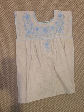 Nativa Light Blue Embroidered Mexican Square-Yoke grey gingham Tunic Sz XL